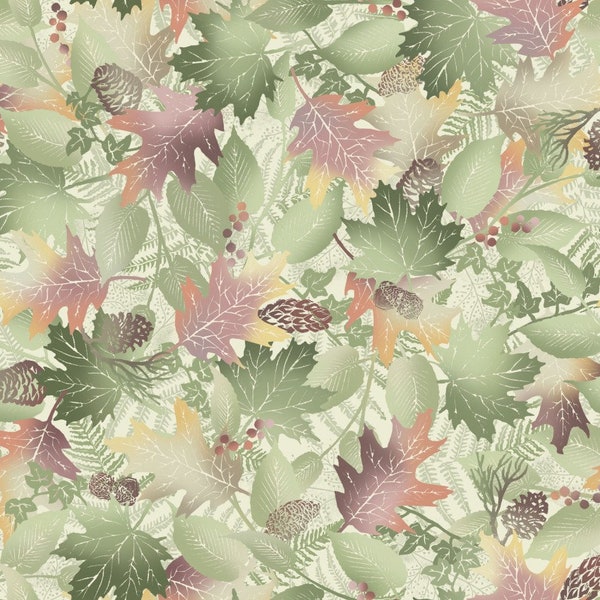 Forest Chatter MASD10294-E *1/2 YARD CONTINUOUS CUTs* Maywood Studio Autumn Leaves Cream Green Multi Woodlands Quilting Cotton Fabric Nature