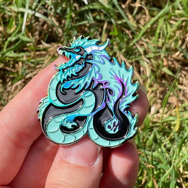 Sea Serpent Rainbow Plated Enamel Pin, Fantasy pin badge, Dragon, wyvern, leviathan, rainbow anodised/anodized pin