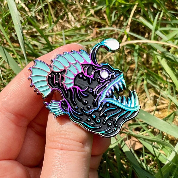 Anglerfish Rainbow Plated Enamel Pin, Fantasy pin badge, angler, deep sea creature, rainbow anodised/anodized pin