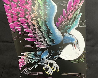 Tęczowy kruk – wydruk artystyczny: Ilustracja z mrocznym, fantastycznym krukiem (A4)