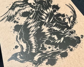 Trzy Kruki – wydruk artystyczny: podpisana limitowana edycja ilustracji gotyckiej (A5)