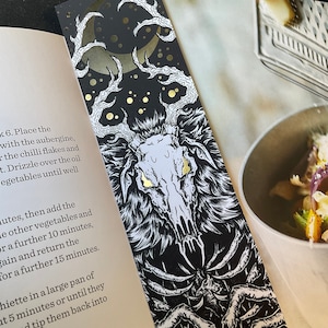 Marcador Wendigo grande con lámina dorada / Ocultismo, brillante, críptido, ilustración, horror, lectura, marcadores premium