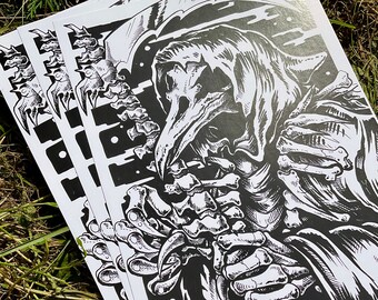 Lámina artística de la Parca: Ilustración de esqueleto de calavera oscura (A4)