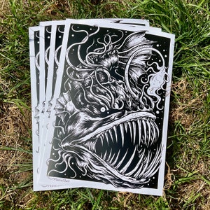 ANGERFISH Original A4 Kunstdruck, Angler Fisch, schwarze Kunst, Horror, Tusche, Zähne, Seeungeheuer