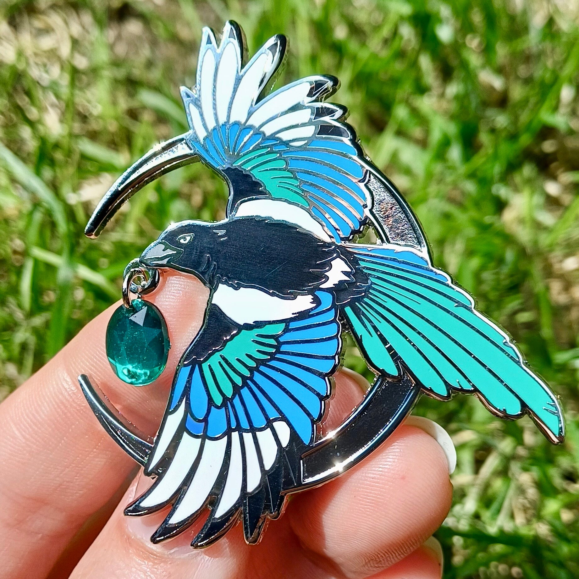 XL Silver Flying Magpie Pin Badge: Crescent Moon & Green Gem - Etsy