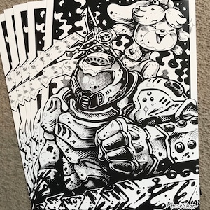 May include: Black and white illustration of a video game character, Doom Slayer, with a cartoon dog character, Isabelle, from the Animal Crossing video game series. The illustration is in a comic book style with a black background and white lines.