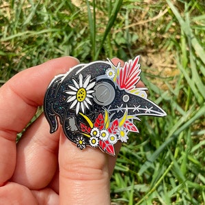 Plague Doctor Glitter Silver Hard Enamel Pin, Bird pin badge, bird pin, skulls, plague, flowers, sparkle, dark image 1