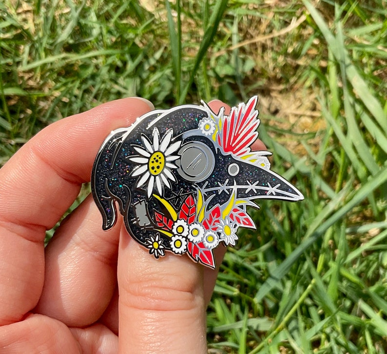 Plague Doctor Glitter Silver Hard Enamel Pin, Bird pin badge, bird pin, skulls, plague, flowers, sparkle, dark image 1