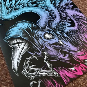 The Plague Doctor Original Dark Fantasy Art Print by PhaseMoth, myths and legends, dark art, high detail, skulls, bird art, alternative