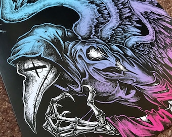 Winged Plague Doctor Art Print: Dark Fantasy Bird Skull Illustration (A4)