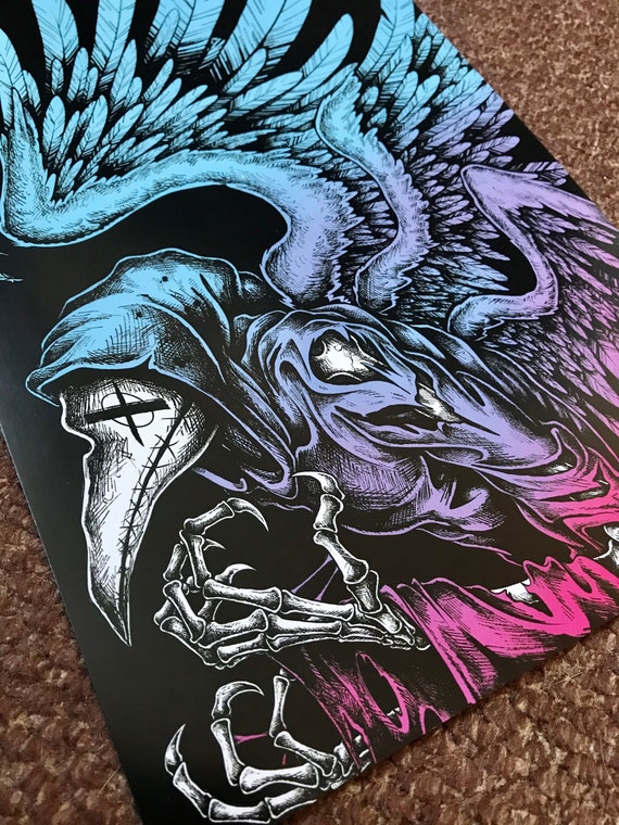 Winged Plague Doctor Art Print: Dark Fantasy Bird Skull Illustration (A4)