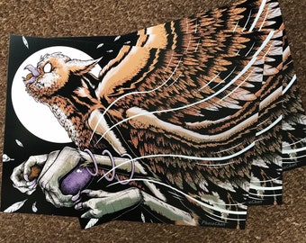 OWL GOD Original Fantasy A4 Art Print by PhaseMoth, dark, halftone, fantasy art, original art, crosshatching, birds, art print