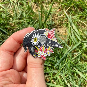 Plague Doctor Glitter Silver Hard Enamel Pin, Bird pin badge, bird pin, skulls, plague, flowers, sparkle, dark image 2