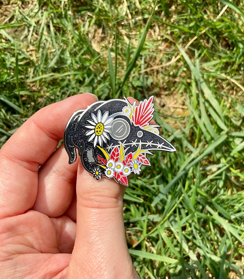 Plague Doctor Glitter Silver Hard Enamel Pin, Bird pin badge, bird pin, skulls, plague, flowers, sparkle, dark image 2