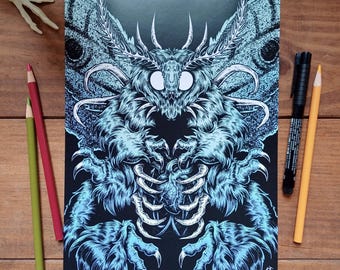 May include: A blue and white moth monster with large wings and sharp claws. The monster is depicted in a dark, shadowy setting. The image is signed "PHAREMOTH".
