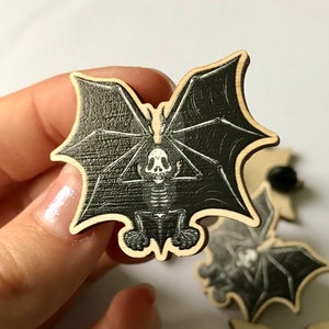 Skeletal BAT Wooden Pin Badge, Charity Pin, dark art, skeleton, anatomical, alternative, gothic responsibly sourced wooden eco