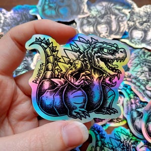 Holographic Godzilla Sticker: Chibi Kaiju, Weatherproof Vinyl