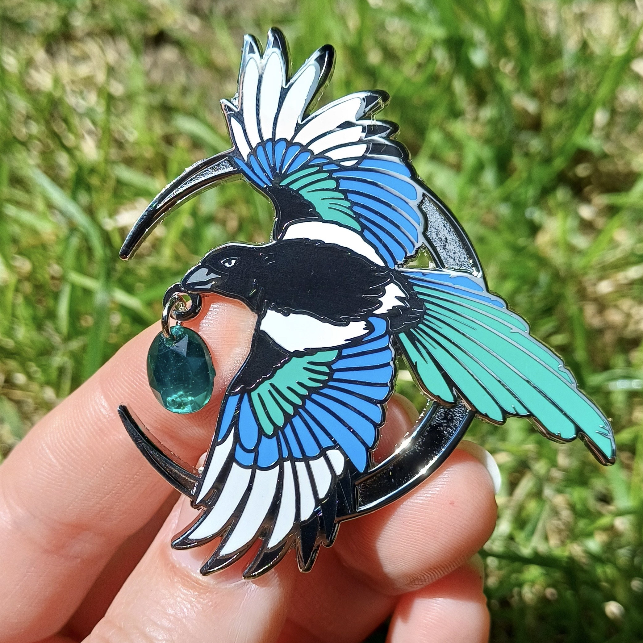 XL Silver Flying Magpie Pin Badge: Crescent Moon & Green Gem