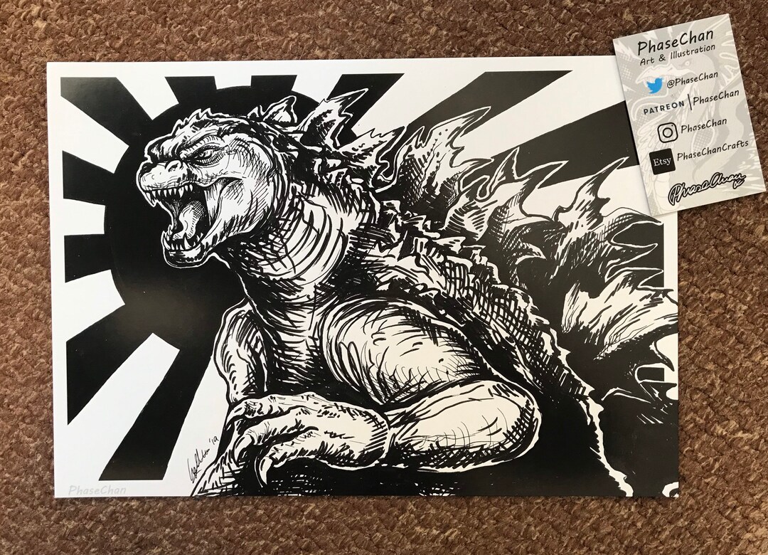 Godzilla Red Ink GODZILLA Pen and Ink Original A4 Art Print, Brush Pens, Black Ink ...