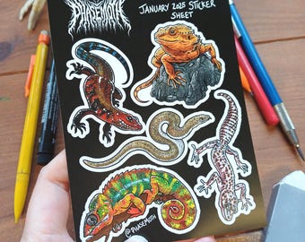 Reptile A6 Vinyl Sticker Sheet: Bearded Dragon, leopard gecko, chameleon, herp stickers