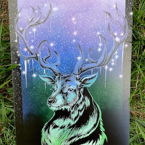 The Winter Stag Original Dark Fantasy Art Print by PhaseMoth, deer, dark art, high detail, animal art, antlers, alternative