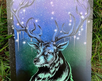 The Winter Stag Original Dark Fantasy Art Print by PhaseMoth, deer, dark art, high detail, animal art, antlers, alternative