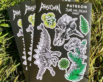 Herbivorous Dinosaur Sticker Sheet, triceratops, stegosaurus, bones, fossils, journaling, alternative, A6, skulls