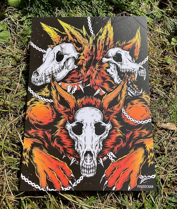SKULL DOG CERBERUS Art Print: Three-headed Canine A4 Print - Etsy