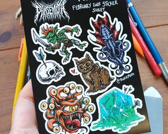 May include: A black sticker sheet with fantasy illustrations of a goblin, owl, skull, and a multi-eyed monster. The text "PATREON FEBRUARY 2025 STICKER SHEET" is printed at the top. The artist's name, "@PhaseMoth", is also visible.