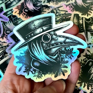 Adesivo in vinile botanico OLOGRAFICO Plague Doctor, adesivo fantasy, lucido, alternativo, scuro, maschera del medico della peste, fiori