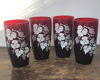Sale 4 Red Grape Leaf Pattern Drinking Glasses