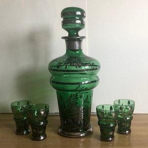 Green Venetian Glass Cordial Set with Silver Overlay