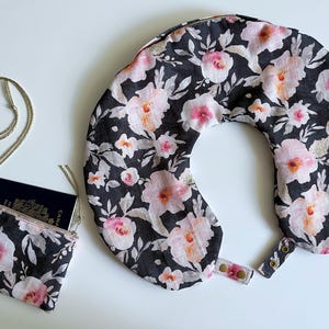 Set of 2 - Travel neck pillow bag with zipper & passport case, travel neck pillow stuffer - Pink floral on black