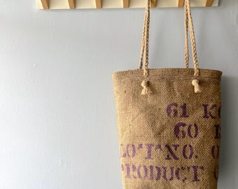 Sustainable recycled burlap jute market tote bag, Honduras coffee beans jute beach bag, recycled Hessian Indonesia coffee beans sack