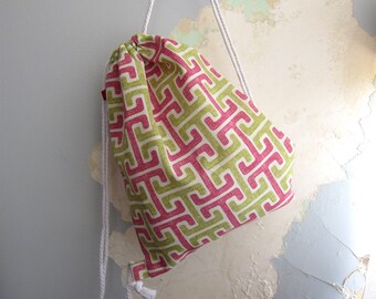 Drawstring bag, light weight backpack bag, project bag - pink and green