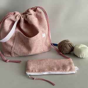 Set of 2 - Drawstring Knitting bag, knitter bag, yarn bag with matching pouch - Pink