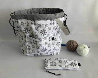 White on grey knitter bag Set of 2 Drawstring Knitting bag with pouch yarn bag with matching pouch White on grey knitter bag Set of 2 Drawstring Knitting bag with pouch yarn bag with matching pouch
