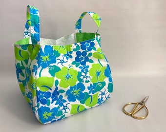 Cubic origami errand bag, origami tote bag, fabric market bag, basket market bag, grocery bag, toy storage bag - Blue and green floral