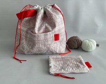 White on grey knitter bag Set of 2 Drawstring Knitting bag with pouch yarn bag with matching pouch White on grey knitter bag Set of 2 Drawstring Knitting bag with pouch yarn bag with matching pouch