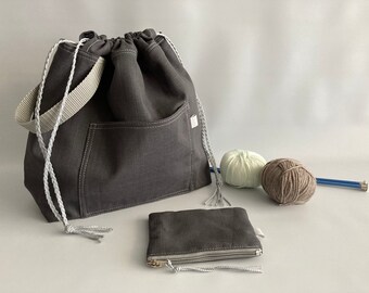 White on grey knitter bag Set of 2 Drawstring Knitting bag with pouch yarn bag with matching pouch White on grey knitter bag Set of 2 Drawstring Knitting bag with pouch yarn bag with matching pouch