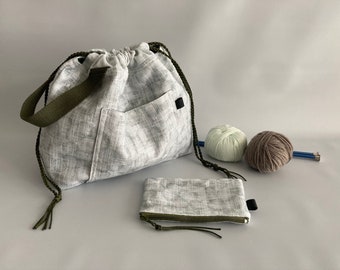 White on grey knitter bag Set of 2 Drawstring Knitting bag with pouch yarn bag with matching pouch White on grey knitter bag Set of 2 Drawstring Knitting bag with pouch yarn bag with matching pouch