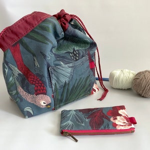 Set of 2 - Drawstring Knitting bag with case, knitter bag, yarn bag with matching pouch - Floral and butterflies & bird