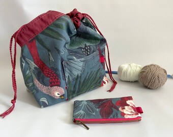 Set of 2 - Drawstring Knitting bag with case, knitter bag, yarn bag with matching pouch - Floral and butterflies & bird