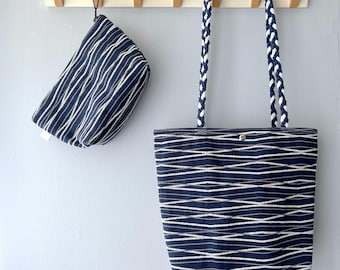 Conjunto de 2 - Bolso de mercado de lana náutico y estuche a juego, bolso de lana, bolso de hombro, bandolera - azul marino