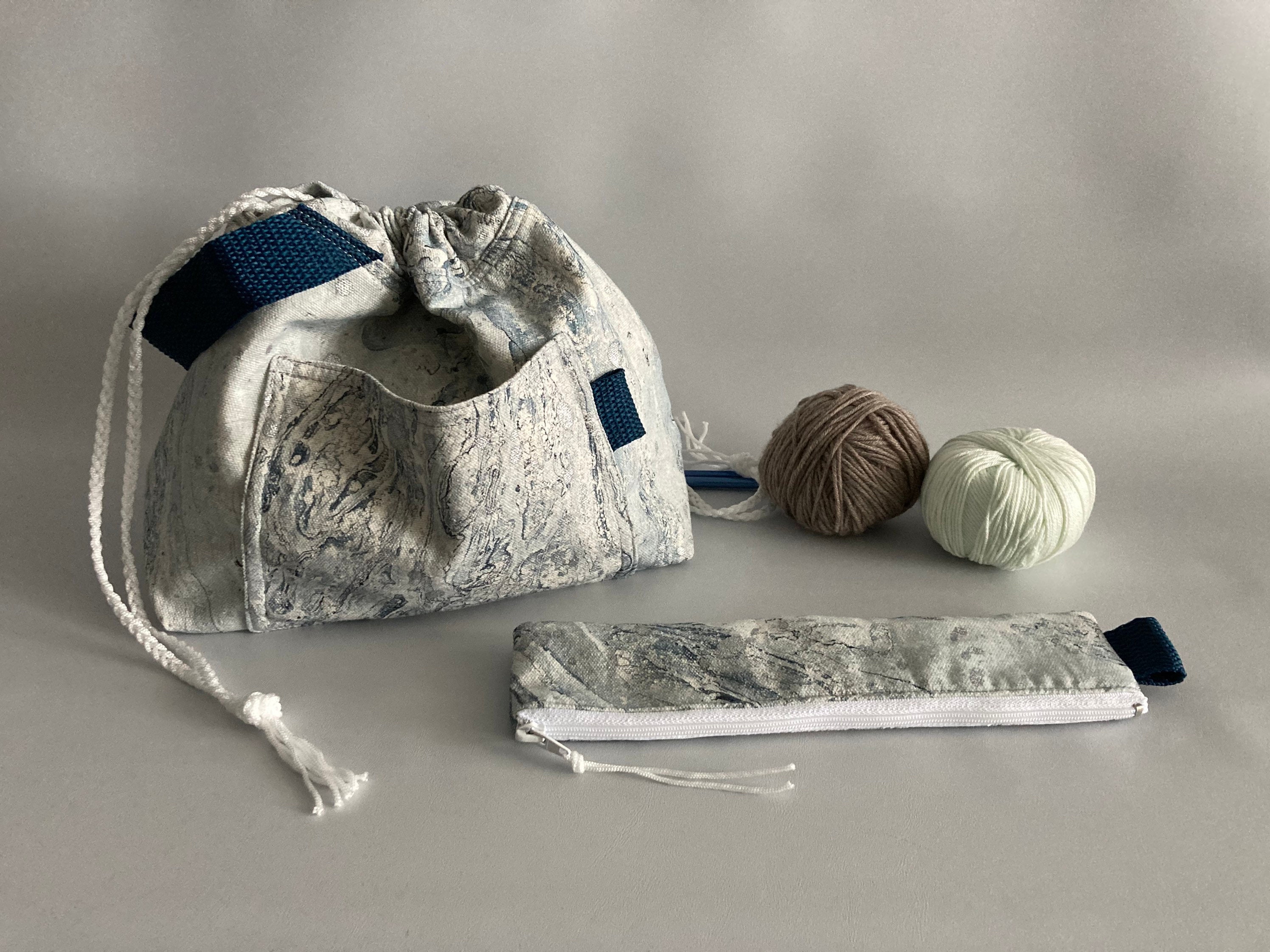 White on grey knitter bag Set of 2 Drawstring Knitting bag with pouch yarn bag with matching pouch White on grey knitter bag Set of 2 Drawstring Knitting bag with pouch yarn bag with matching pouch