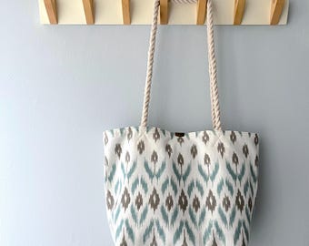 Juego 2 - Bolso tote, bolso de mercado, bolso de playa, bolso náutico, bolso boho, bolso de verano - Ikat turquesa verde azulado crema gris