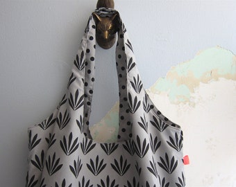 Errands bag, fabric market bag, reusable grocery bag, eco-friendly errands tote bag - Black and grey leaves