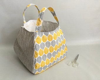 Cubic origami errands bag, origami tote bag, fabric market bag, toy storage bag, basket market bag, grocery bag - Yellow birch leaves