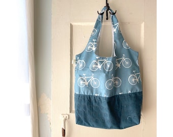 Errands bag, fabric market tote bag, reusable grocery tote bag, eco-friendly errands tote bag - Cream bicycles on teal-green