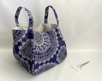 Cubic origami errands bag, origami tote bag, market bag, basket market bag, grocery bag - Navy mandala